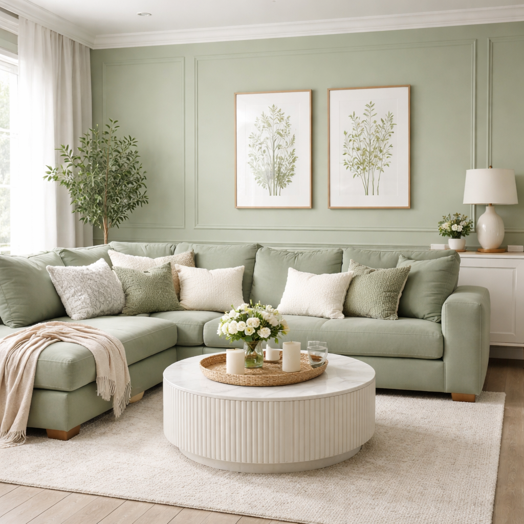 Salon décoré en vert sauge avec peinture naturelle